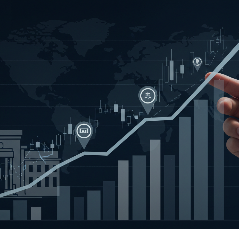 Global futures remain firm as markets await Fed data and trade policy direction, represented by a stable graph and economic symbols.