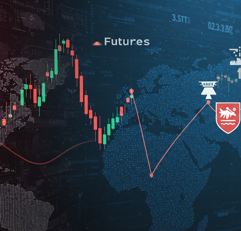 Global futures hedge as Wall Street bets on tech earnings, while European markets wrestle with tariff concerns, shown through contrasting graph trends and symbols.