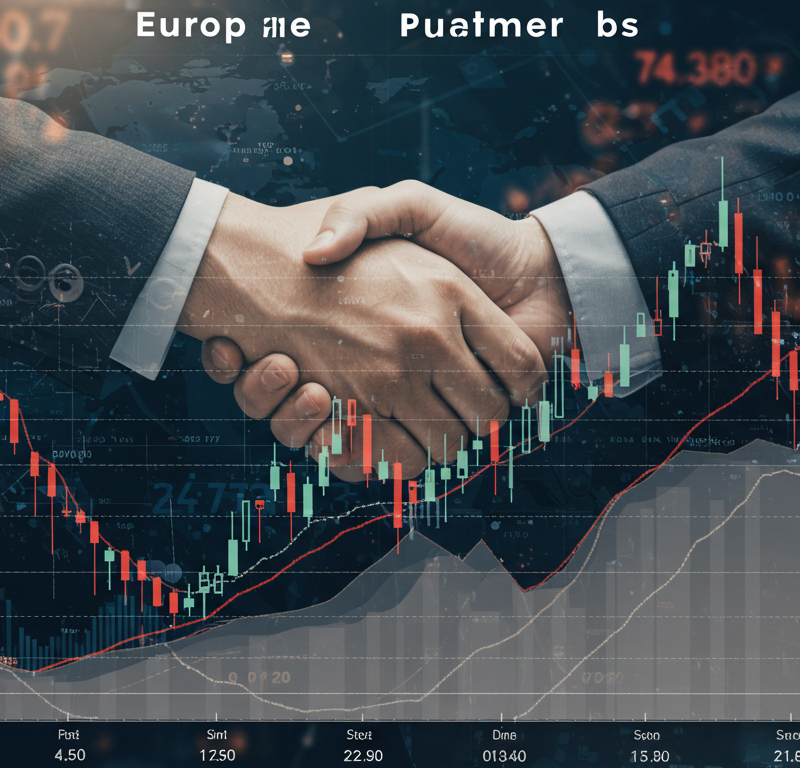 European and U.S. futures flat as markets brace for trade breakthroughs, with a stable graph and trade agreement symbols in the background.