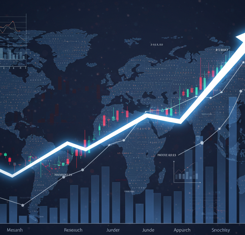 US and EU futures rebound after record highs, represented by an upward graph with economic data and trade-related icons in the background.