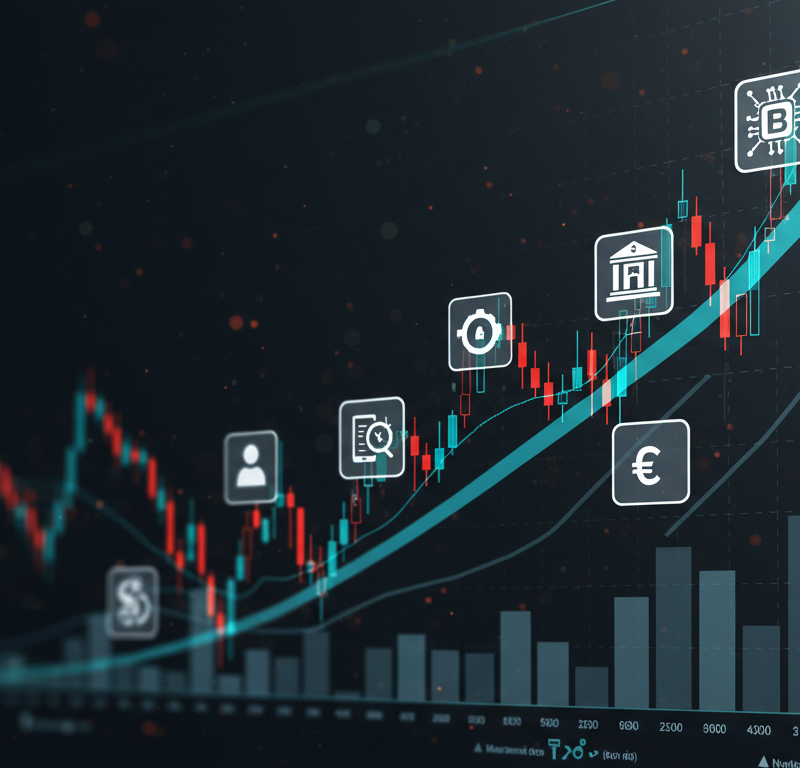 Futures rise as markets weigh tech earnings, U.S. interest rate move, and tariff deal updates, represented by an upward graph and economic symbols.
