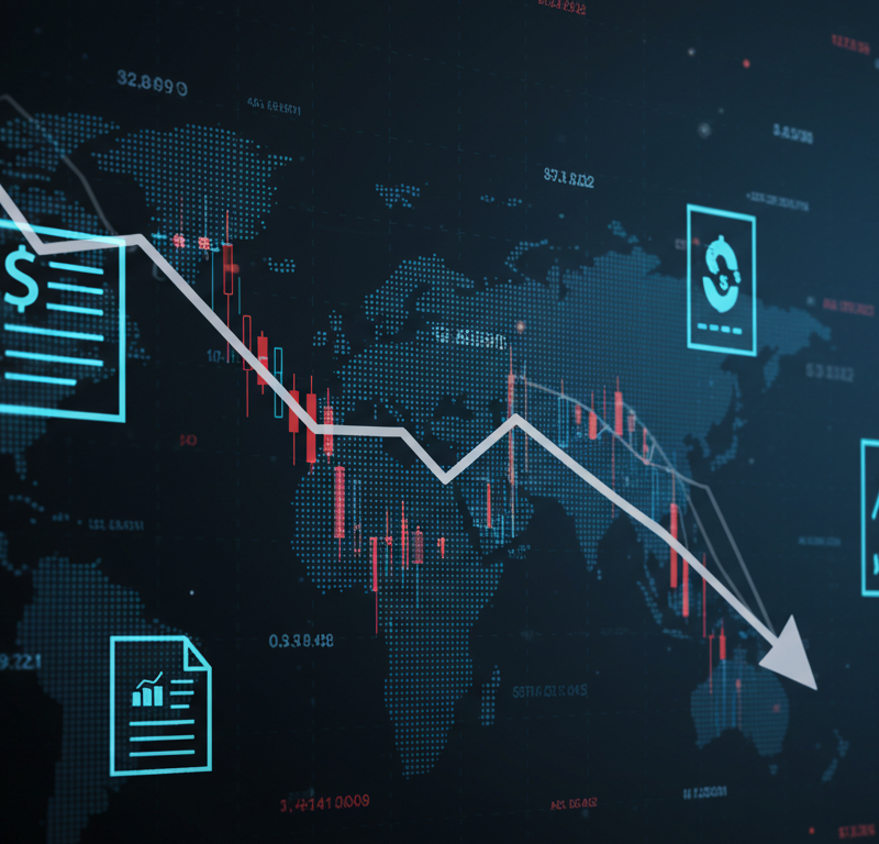 Stock futures fall as markets await major earnings and inflation reports, represented by a downward graph and economic data icons.