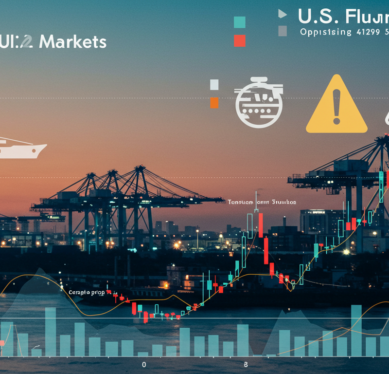 European and U.S. futures opening unchanged as trade optimism struggles against market caution, symbolized by a flat graph and trade icons.