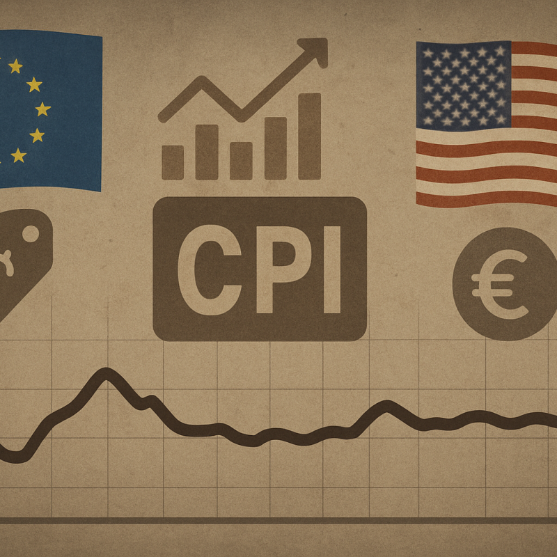 European and U.S. futures remain cautious ahead of CPI data, shown with a flat graph and inflation symbols
