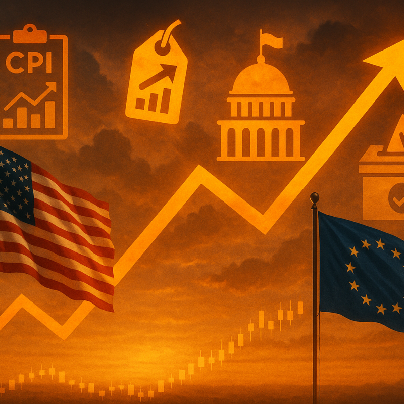 U.S. and European futures open firmly ahead of inflation data and political news, shown by an upward graph with inflation and political symbols