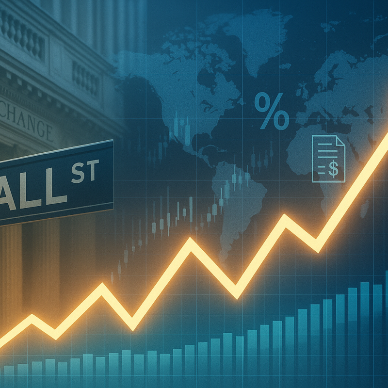 Futures rise as Wall Street anticipates rate cuts and earnings buffers amid global market nerves, represented by an upward graph and financial symbols.