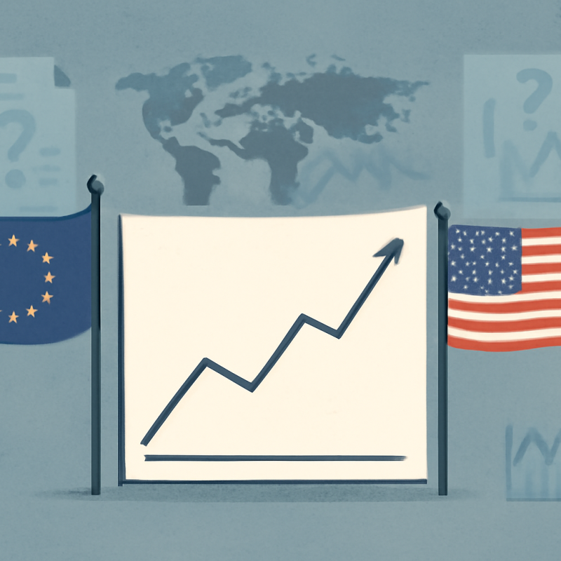 European and U.S. futures showing modest gains as markets navigate trade policy uncertainty, with graphs and trade visuals in the background.
