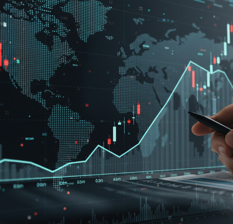 U.S. and European futures remain flat at record highs, with a steady graph and economic data symbols in the background.