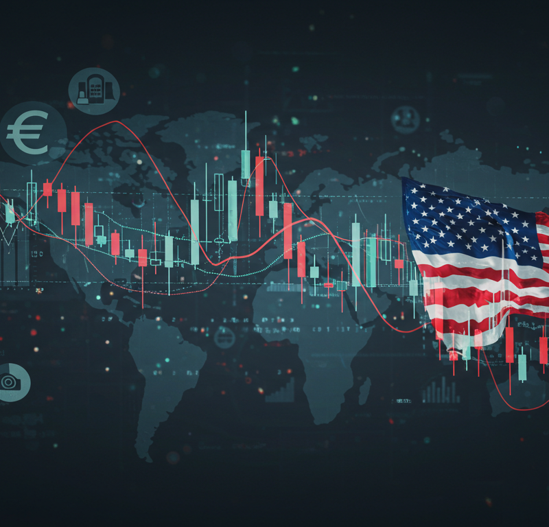 Euro and U.S. futures show mixed signals as markets await key data and central bank comments, symbolized by contrasting graphs and economic icons.