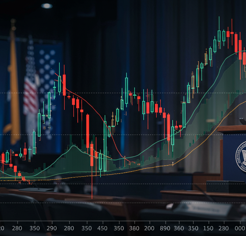 European and U.S. futures show mixed signals ahead of Jackson Hole, symbolized by fluctuating graphs and central bank imagery.