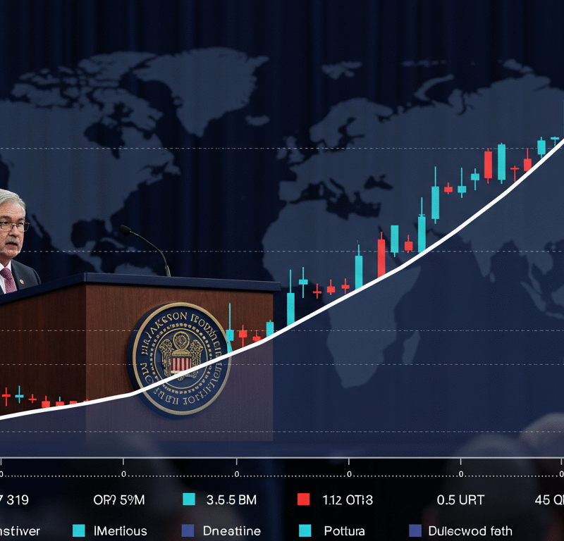 Global and U.S. futures edge cautiously higher ahead of Powell’s Jackson Hole speech, with rising graphs and Fed imagery.