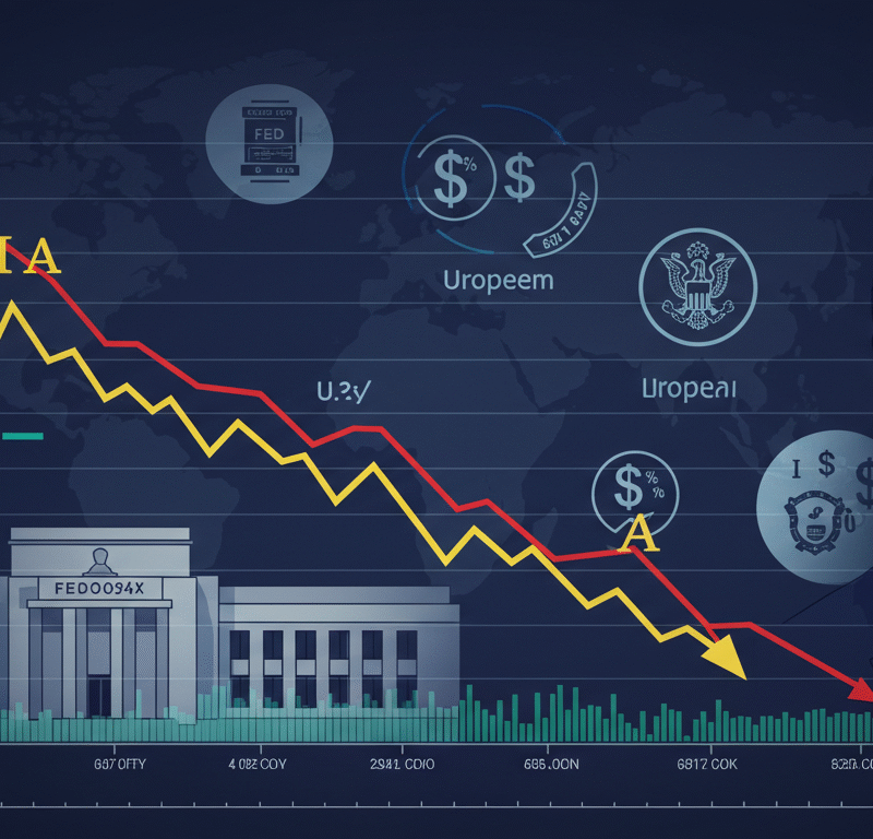U.S. and European futures fall in response to Trump’s Fed shake-up surprise, with a downward graph and Fed-related visuals.