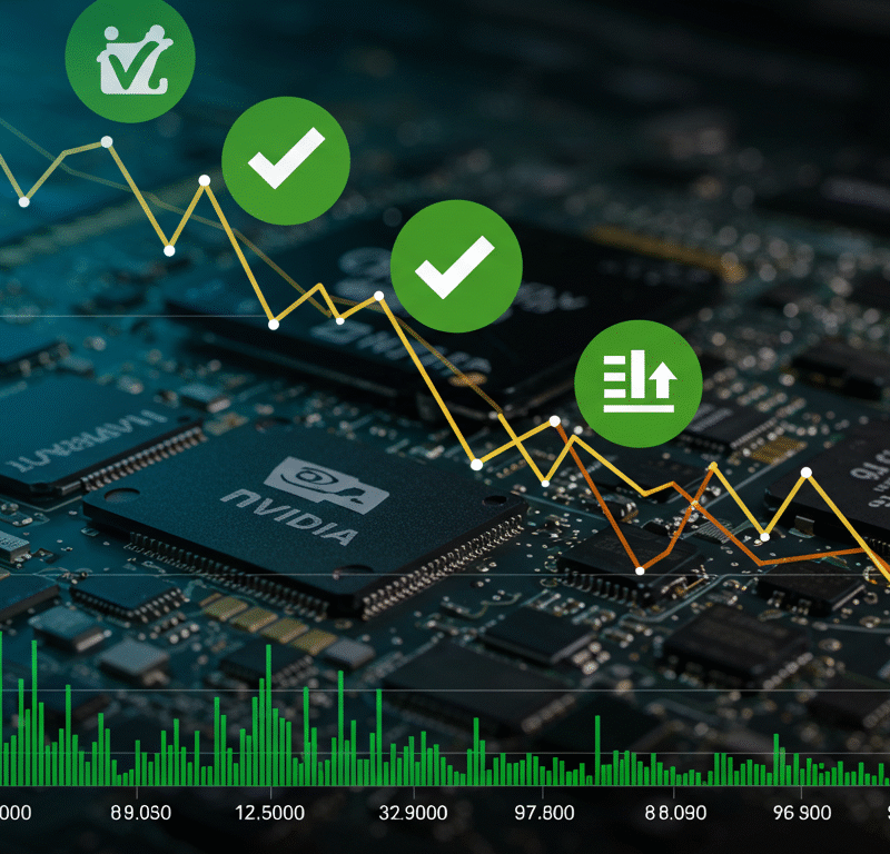 European and U.S. futures fall despite Nvidia’s earnings beat, shown with a downward graph and semiconductor visuals.