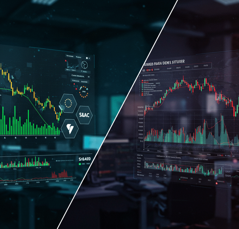 Split image comparing green European futures trends with red US futures trends amid regulatory and economic icons