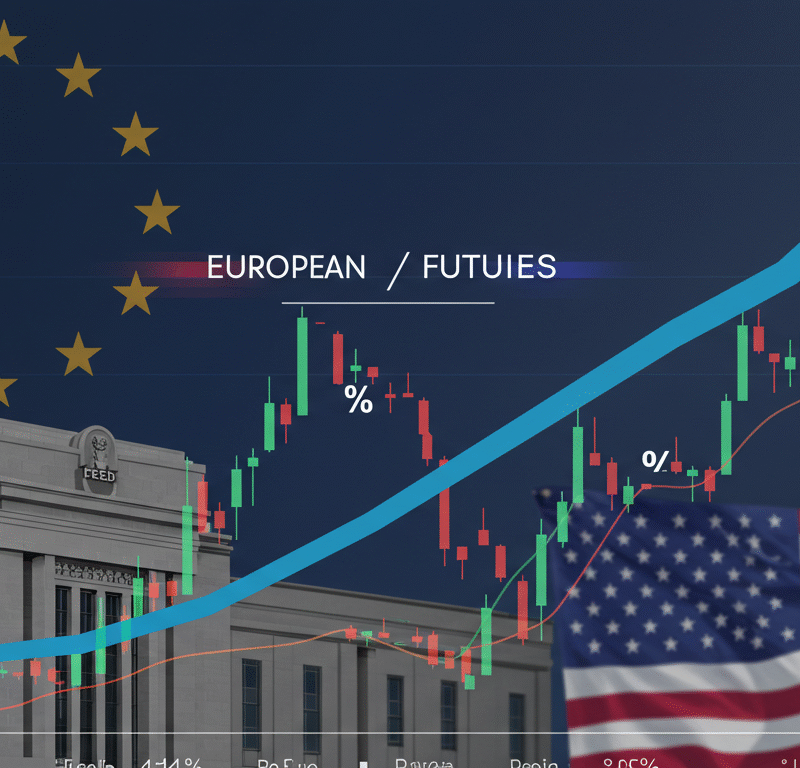 European and U.S. futures edge higher on Fed rate-cut optimism, shown with an upward graph and central bank icons.