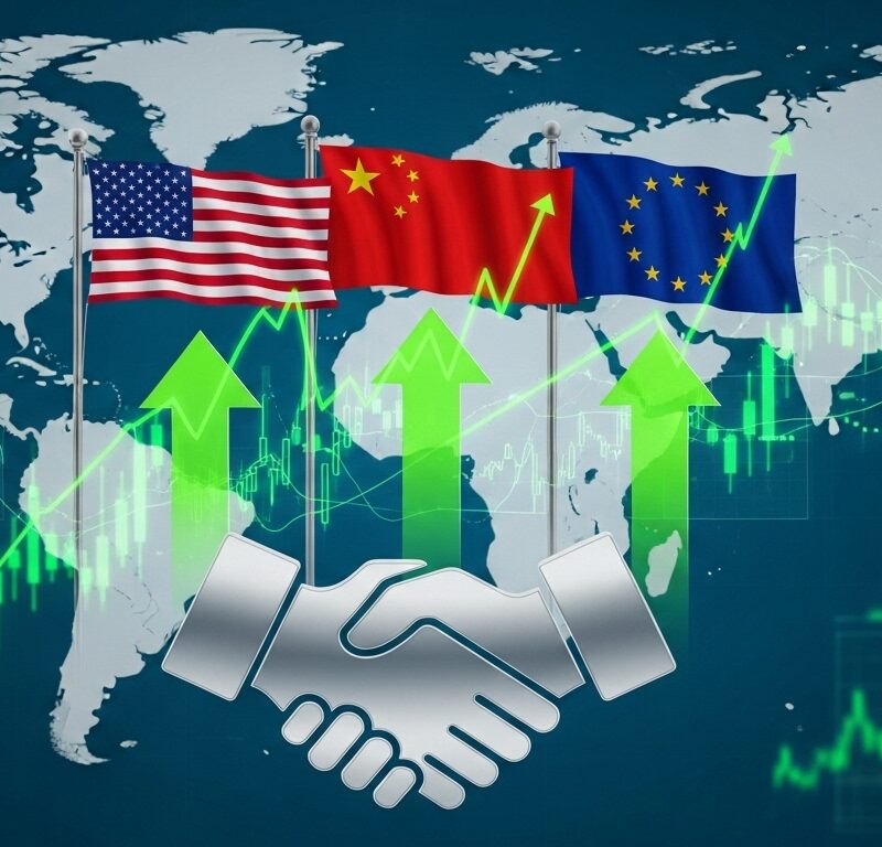 Global stock futures surge as optimism over U.S.–China trade relations fuels a risk-on rally led by Europe.