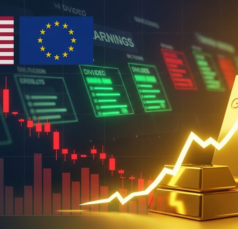 European and U.S. stock futures slip as gold surges and mixed earnings divide investor risk sentiment.