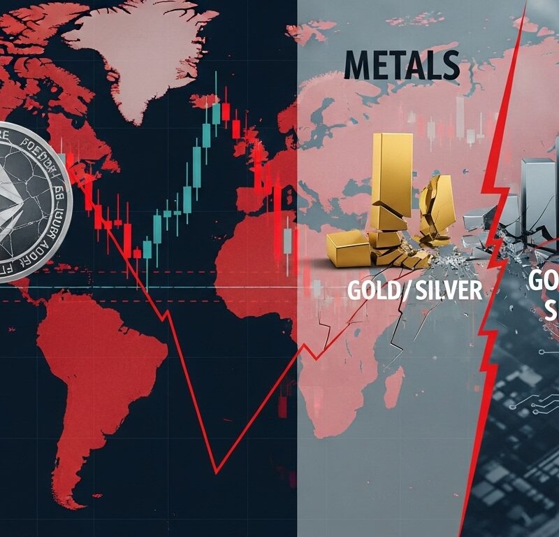 Global stock futures slide as risk appetite fractures across crypto, metals, and technology sectors.