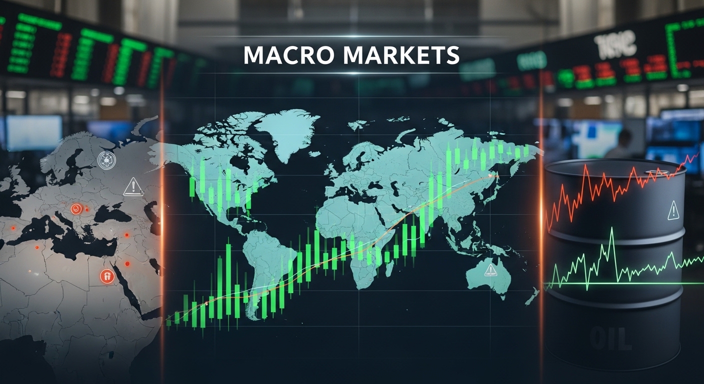 A financial thumbnail showing global stock futures rising modestly as hopes of de-escalation in Iran improve sentiment while energy market risks remain.