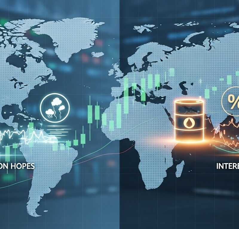 A financial thumbnail showing global stock futures rising as hopes for an Iran peace plan improve sentiment, while oil prices and interest rate expectations continue to drive market direction.