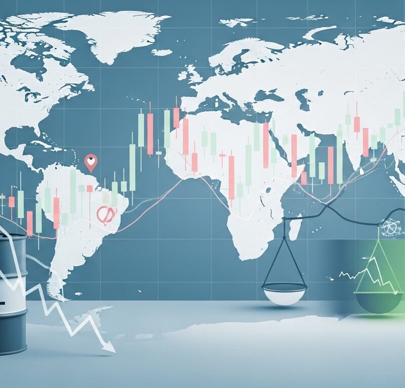 A financial thumbnail showing global stock futures stabilizing as an oil price pullback provides relief while geopolitical risks remain present.