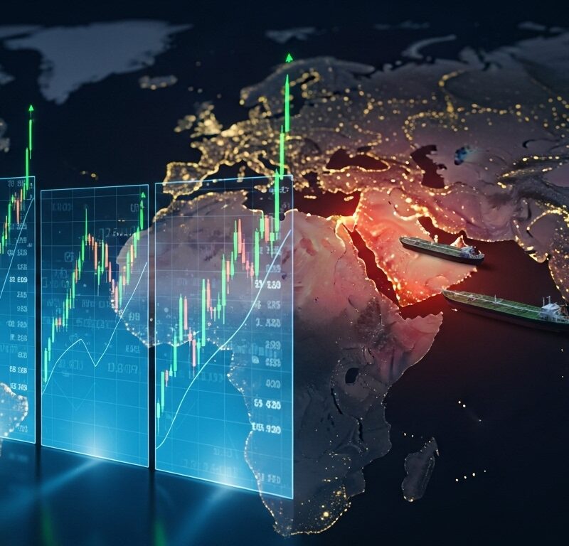 Global stock markets near record highs with Middle East geopolitical risk and oil supply routes highlighted