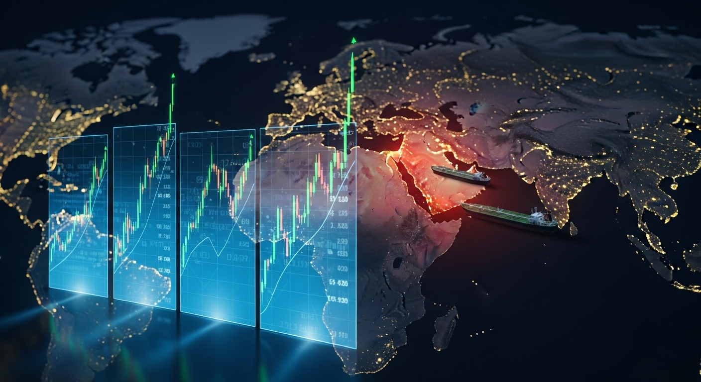 Global stock markets near record highs with Middle East geopolitical risk and oil supply routes highlighted