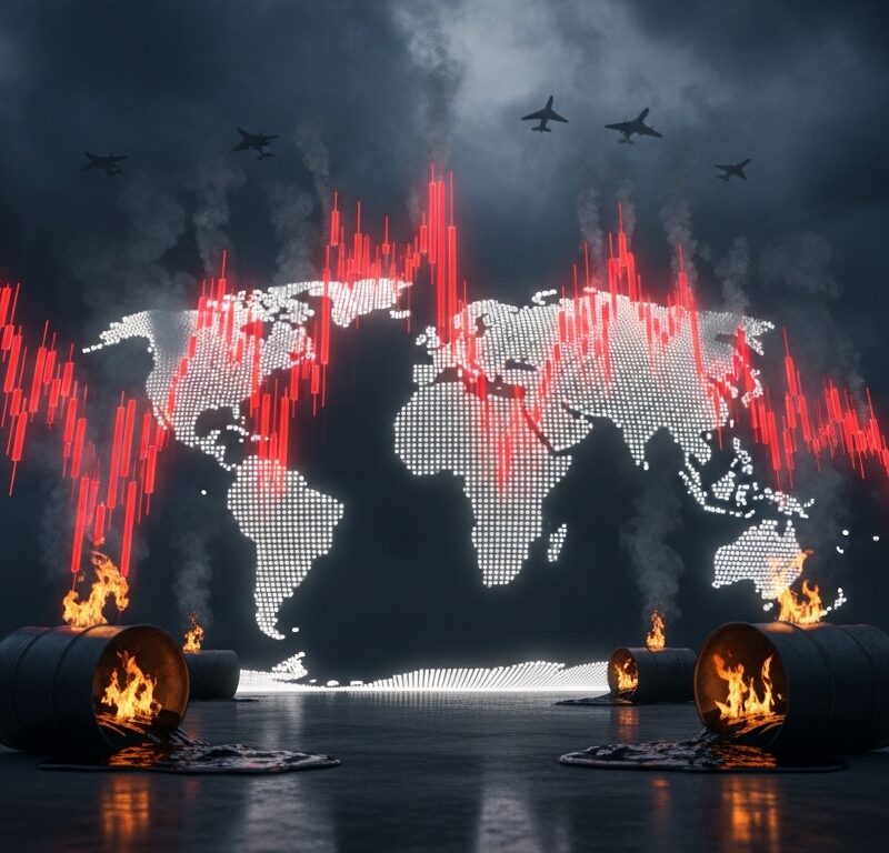 Global stock market futures falling amid war risk and rising energy prices with oil and geopolitical tension visuals