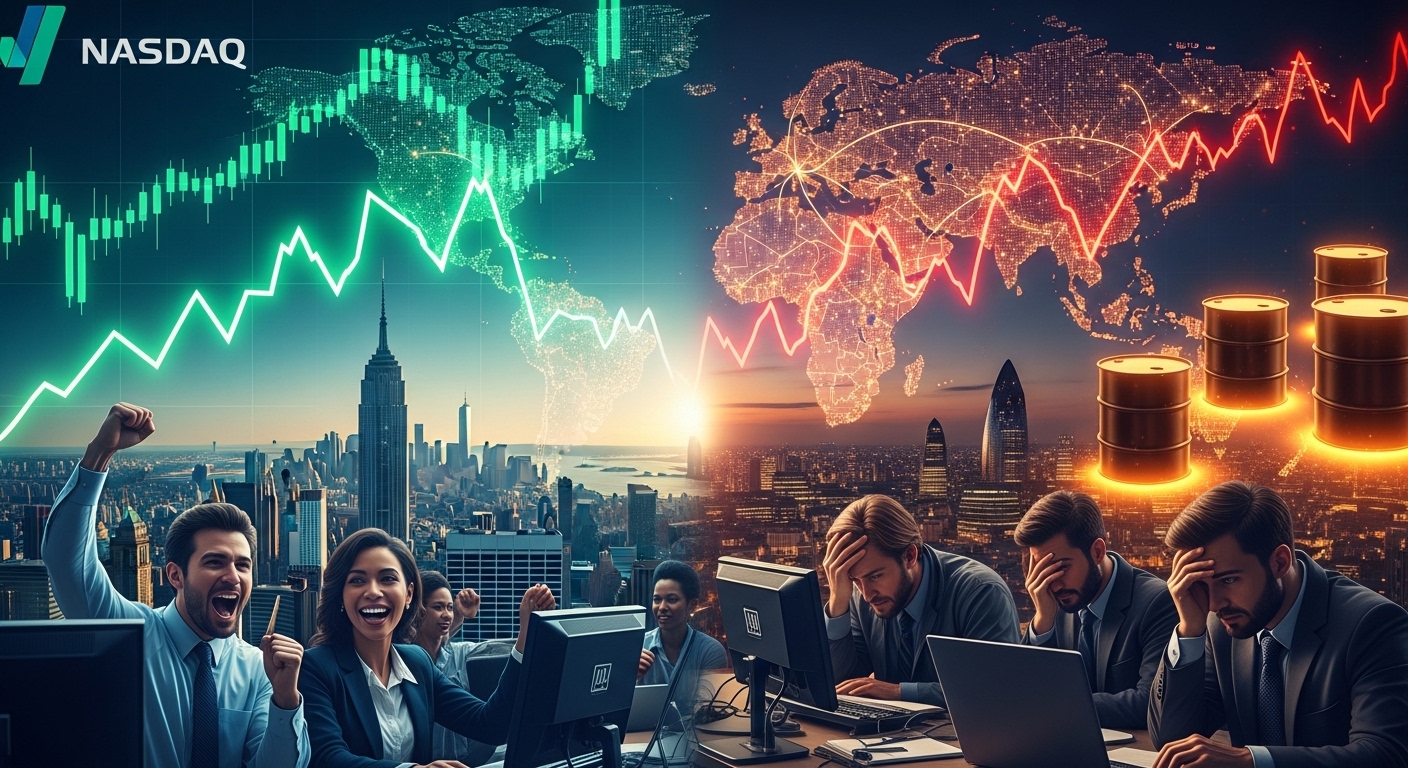 Nasdaq rising on tech earnings while European markets fall due to oil price shock