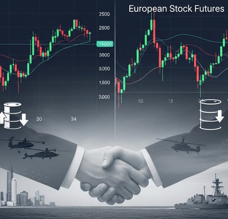 Mixed US and European futures charts with oil price and Iran deal symbols