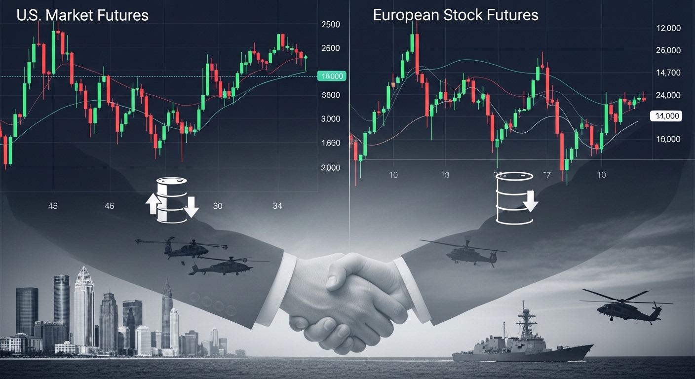 Mixed US and European futures charts with oil price and Iran deal symbols