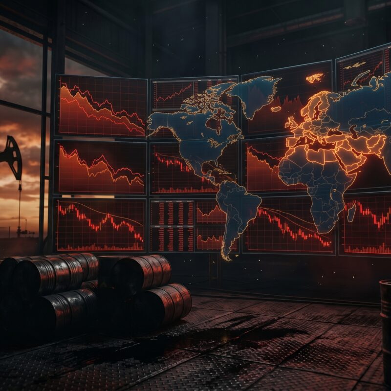 Red declining stock market charts on digital screens with oil derricks and crude oil barrels symbolizing global market pressure from CPI inflation risk and Iran oil tensions