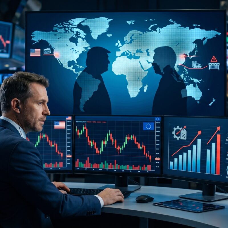 U.S. and European futures shown on a digital trading dashboard with market charts, inflation data visuals, and U.S.-China trade tension symbolism.