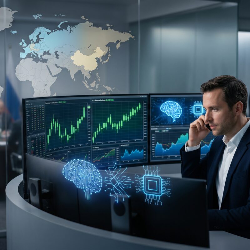 European and U.S. futures near record highs with AI rally visuals and subtle China summit tension in a financial market setting.