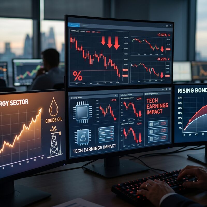 European and U.S. futures shown under pressure on trading screens with visuals for oil prices, rising yields, and AI earnings weakness.