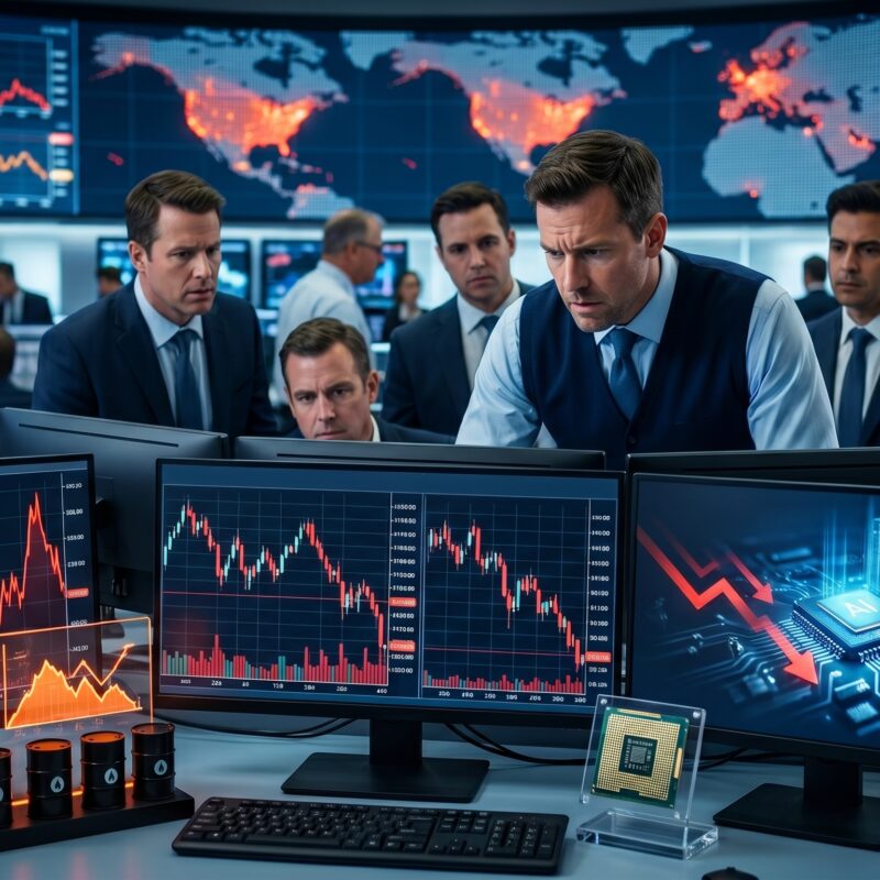 U.S. and European futures shown under pressure on market screens with visuals for AI stock weakness, oil volatility, and housing data concerns.