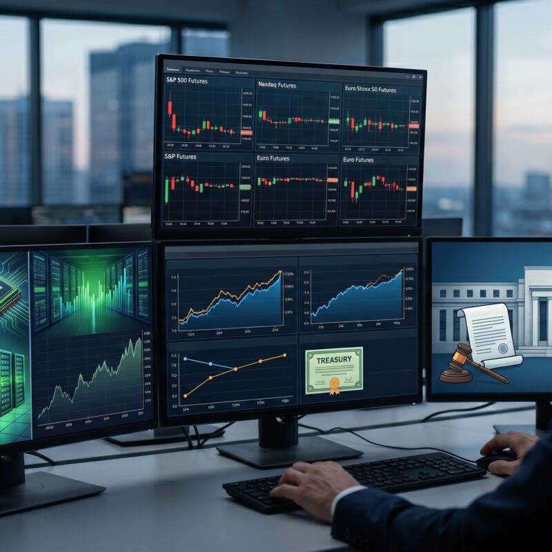 European and U.S. futures shown on trading screens with Nvidia-related tech visuals, bond yield charts, and Federal Reserve market signals.
