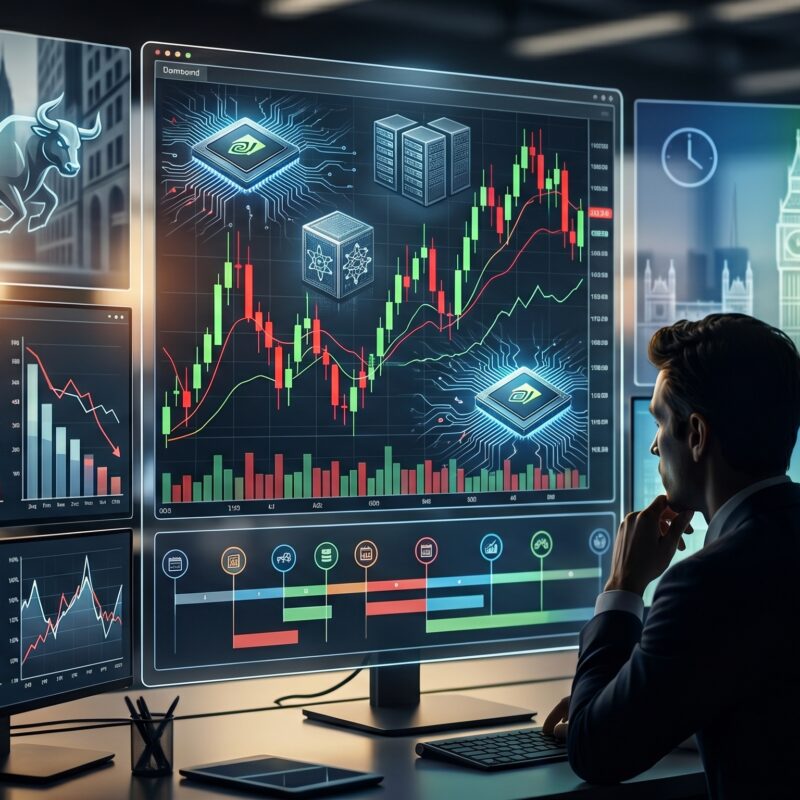 U.S. and European futures shown on trading screens with Nvidia earnings visuals, AI chip graphics, and economic data indicators shaping stock market sentiment.