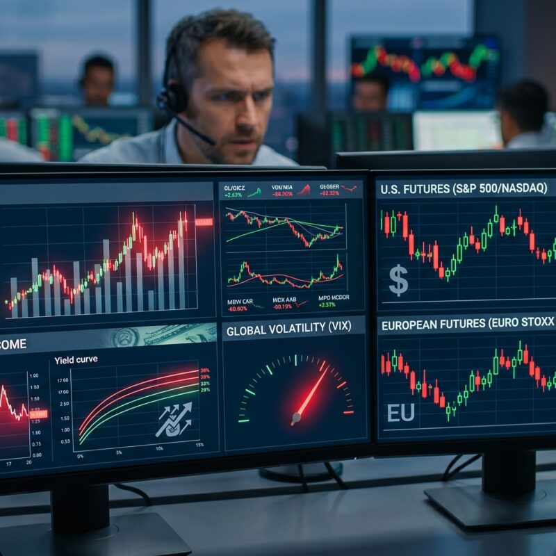 U.S. and European futures reacting to oil price movements, bond yield pressure, and market volatility on professional trading screens.