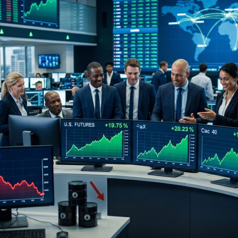 U.S. futures and European markets rising on trading screens as oil prices fall and investor sentiment improves.