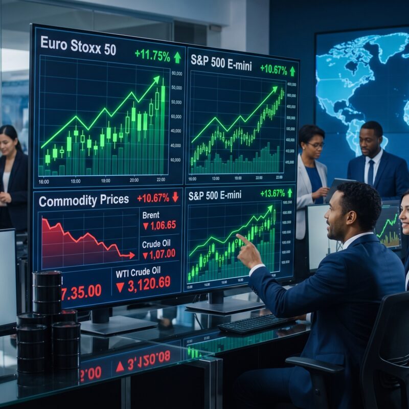 European and U.S. futures rising on digital trading screens as oil prices fall and Iran deal optimism improves market sentiment.