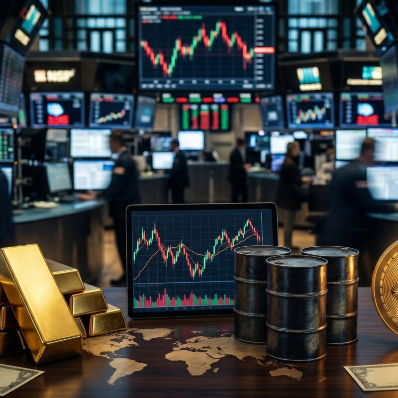 Gold, oil, and Bitcoin displayed in a financial market setting with trading charts, inflation visuals, dollar risk signals, and subtle Middle East geopolitical tension.