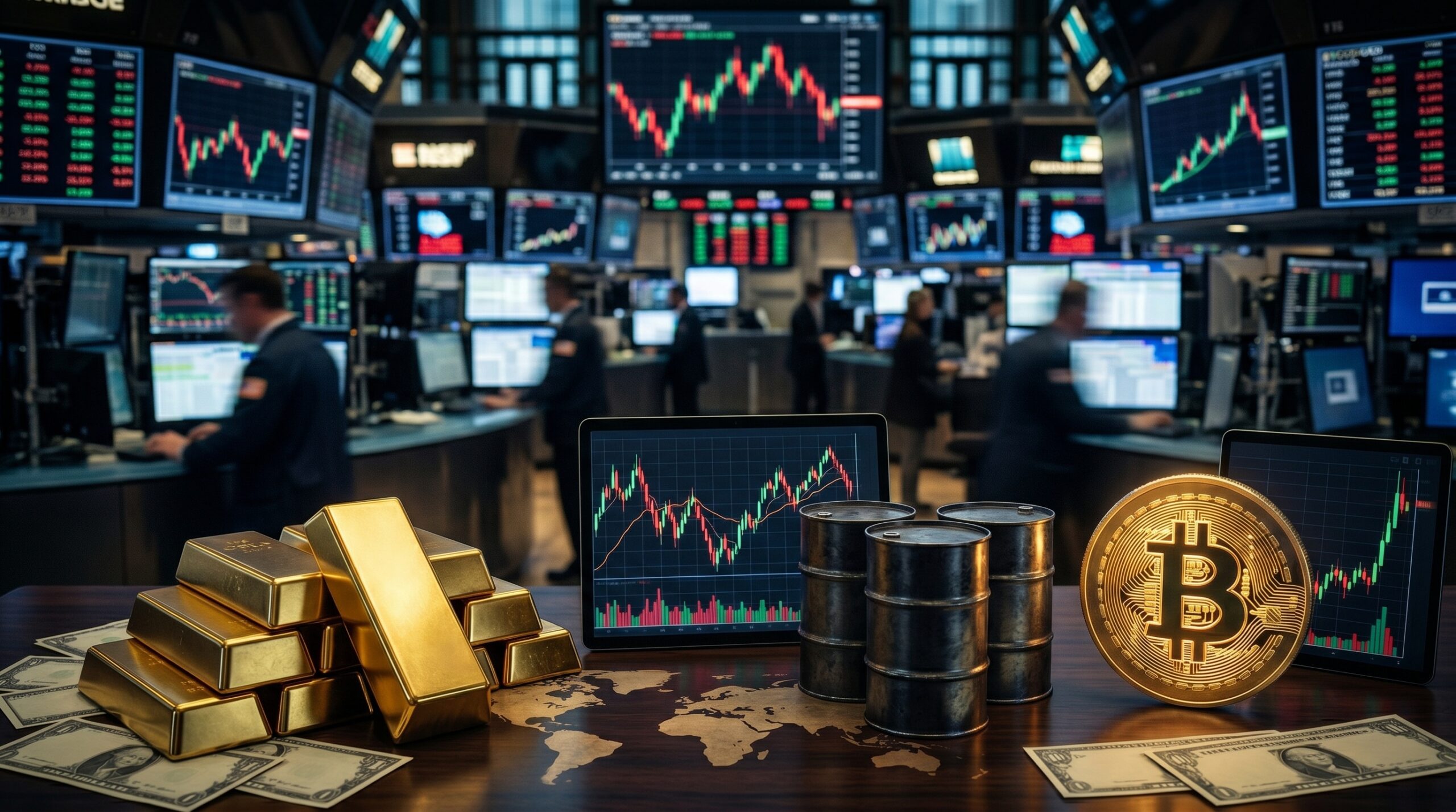 Gold, oil, and Bitcoin displayed in a financial market setting with trading charts, inflation visuals, dollar risk signals, and subtle Middle East geopolitical tension.