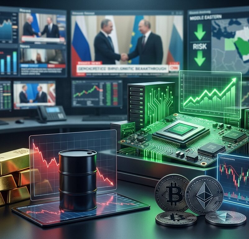 Gold, oil, Bitcoin, and Ethereum shown in a financial trading environment with AI chip visuals, market screens, and subtle geopolitical imagery.