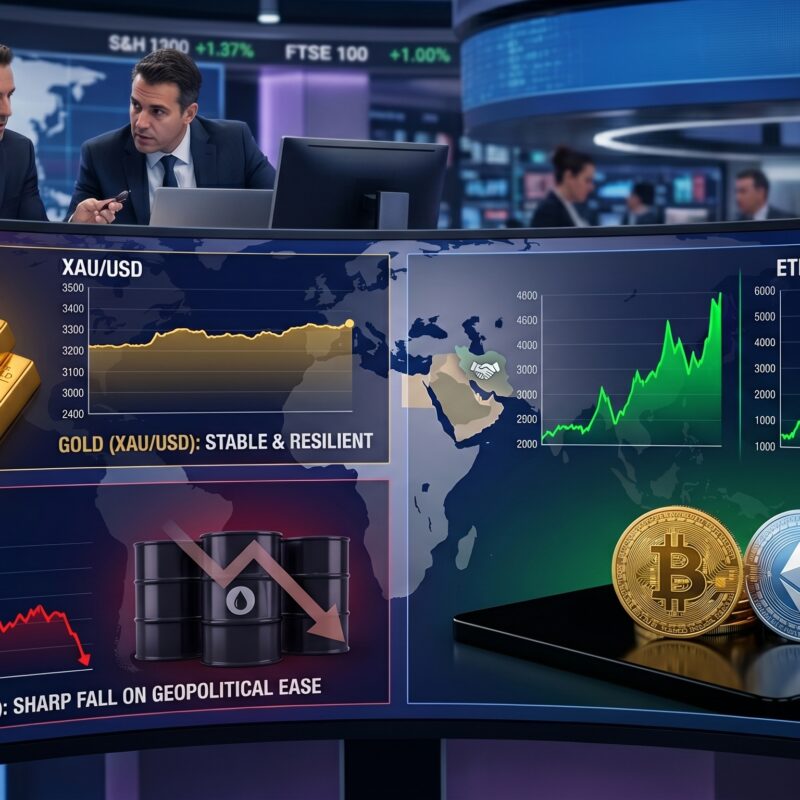 Gold, oil, Bitcoin, and Ethereum shown in a financial trading environment with market charts and subtle geopolitical visuals reflecting a risk-on reaction.
