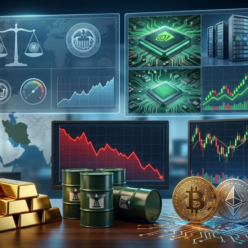 Gold, oil, Bitcoin, and Ethereum shown in a financial market setting with Fed-related pressure, AI chip visuals, and subtle geopolitical themes.