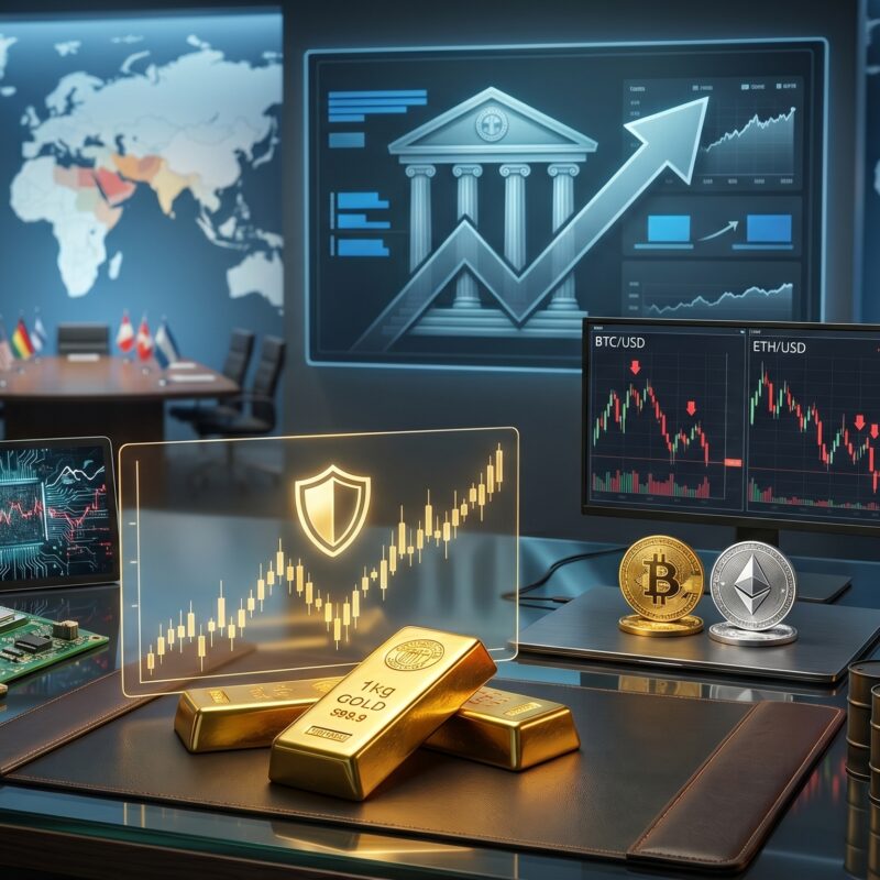 Gold, oil, Bitcoin, and Ethereum shown in a financial market setting with Federal Reserve pressure, Nvidia AI-related stress, and subtle Middle East geopolitical imagery.