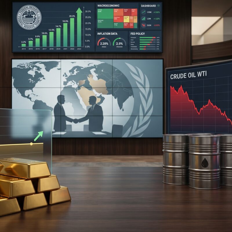 Gold, oil, Bitcoin, and Ethereum shown in a financial market setting with Federal Reserve inflation pressure and subtle ceasefire diplomacy visuals.