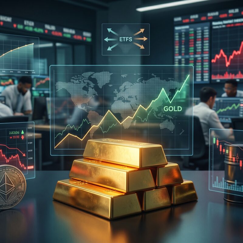 Gold, oil, Bitcoin, and Ethereum shown in a financial market setting with trading screens, weaker crypto signals, lower oil momentum, and safe-haven gold strength.