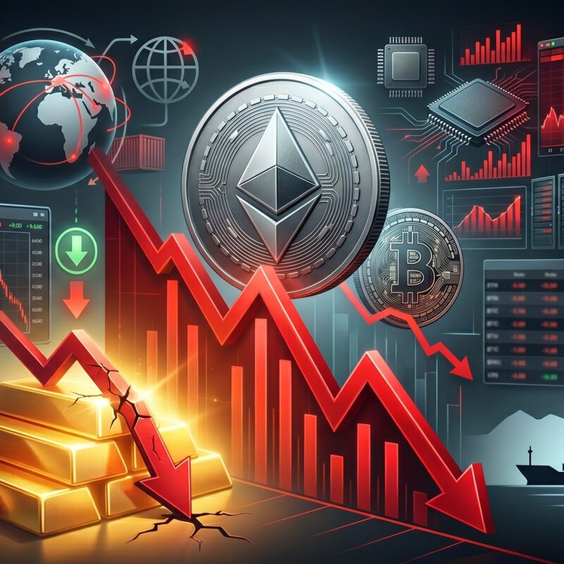 Ethereum, Bitcoin, gold, and oil shown in a volatile financial market setting with falling charts, AI selloff visuals, tariff tension, and subtle Hormuz-related geopolitical cues.